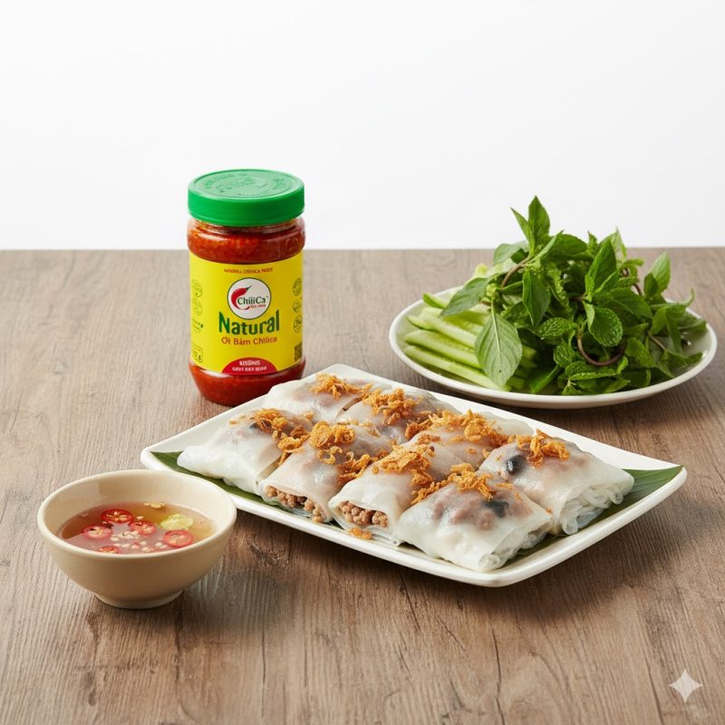 bánh cuốn Hà Nội cùng ớt bằm ChiliCa