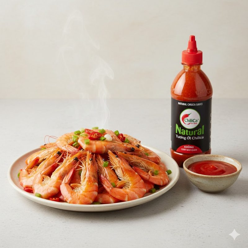 Tôm hấp bia ăn cùng tương ớt ChilICa
